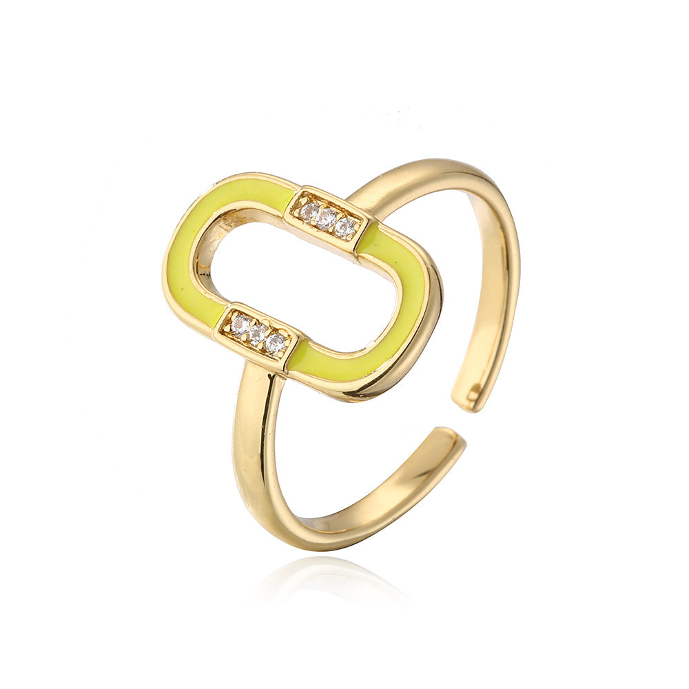 Minimalist Geometric Copper Ring with 18K Gold Plating and Enamel Zirconia Accents for Women
