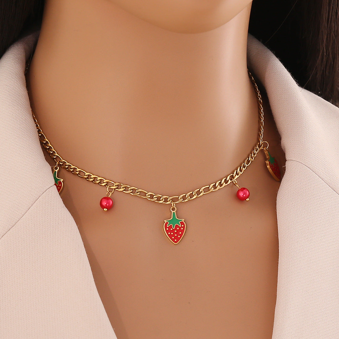 Cute Strawberry-Shaped Stainless Steel Necklace with Plated Finish for Women, Dainty Clavicle Chain