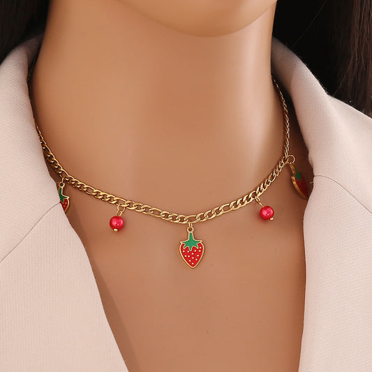 Collar de Acero Inoxidable con Forma de Fresa Chapado para Mujer, Cadena de Clavícula Delicada
