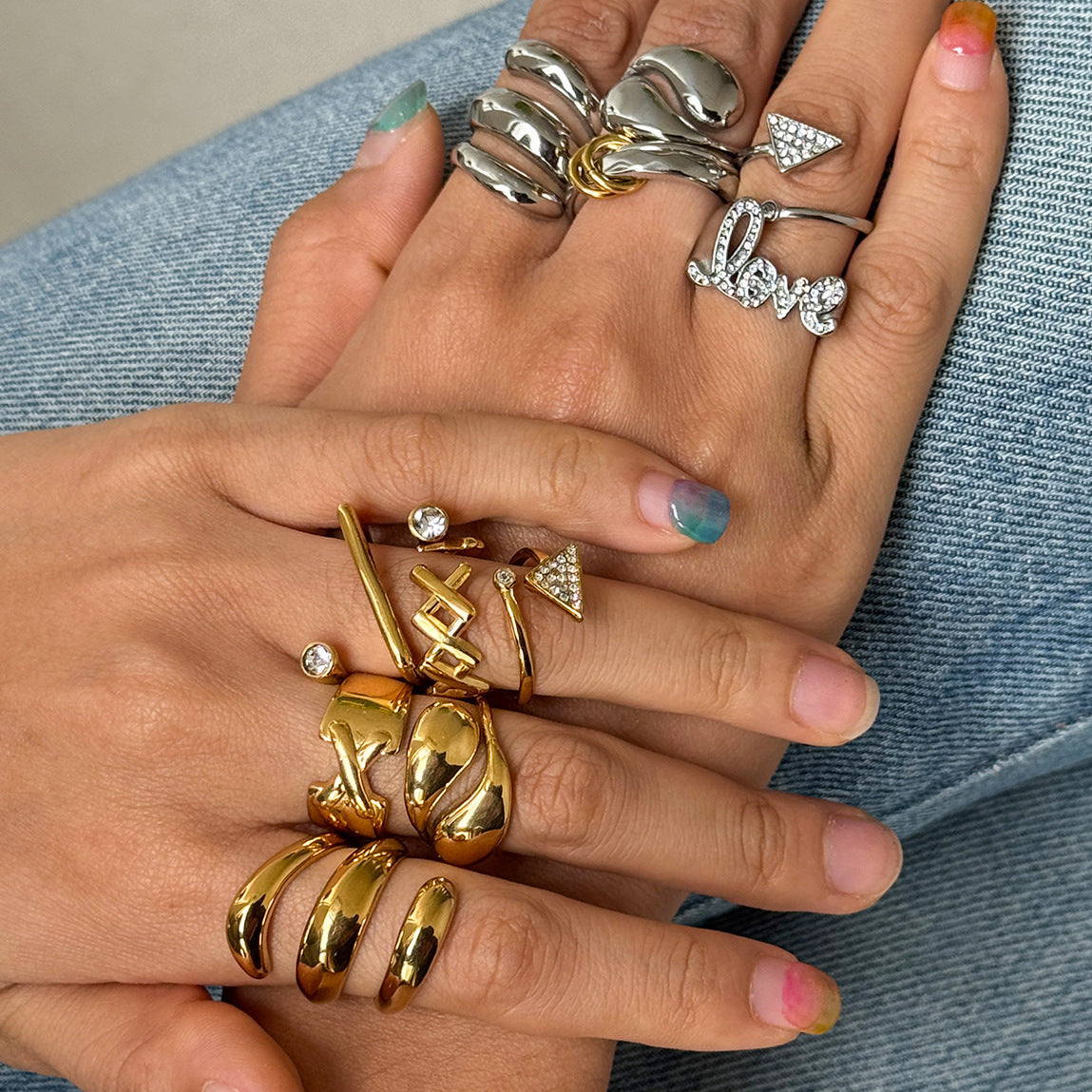 Luxury Geometric Letter Stainless Steel Ring PVD Gold Plated for Women