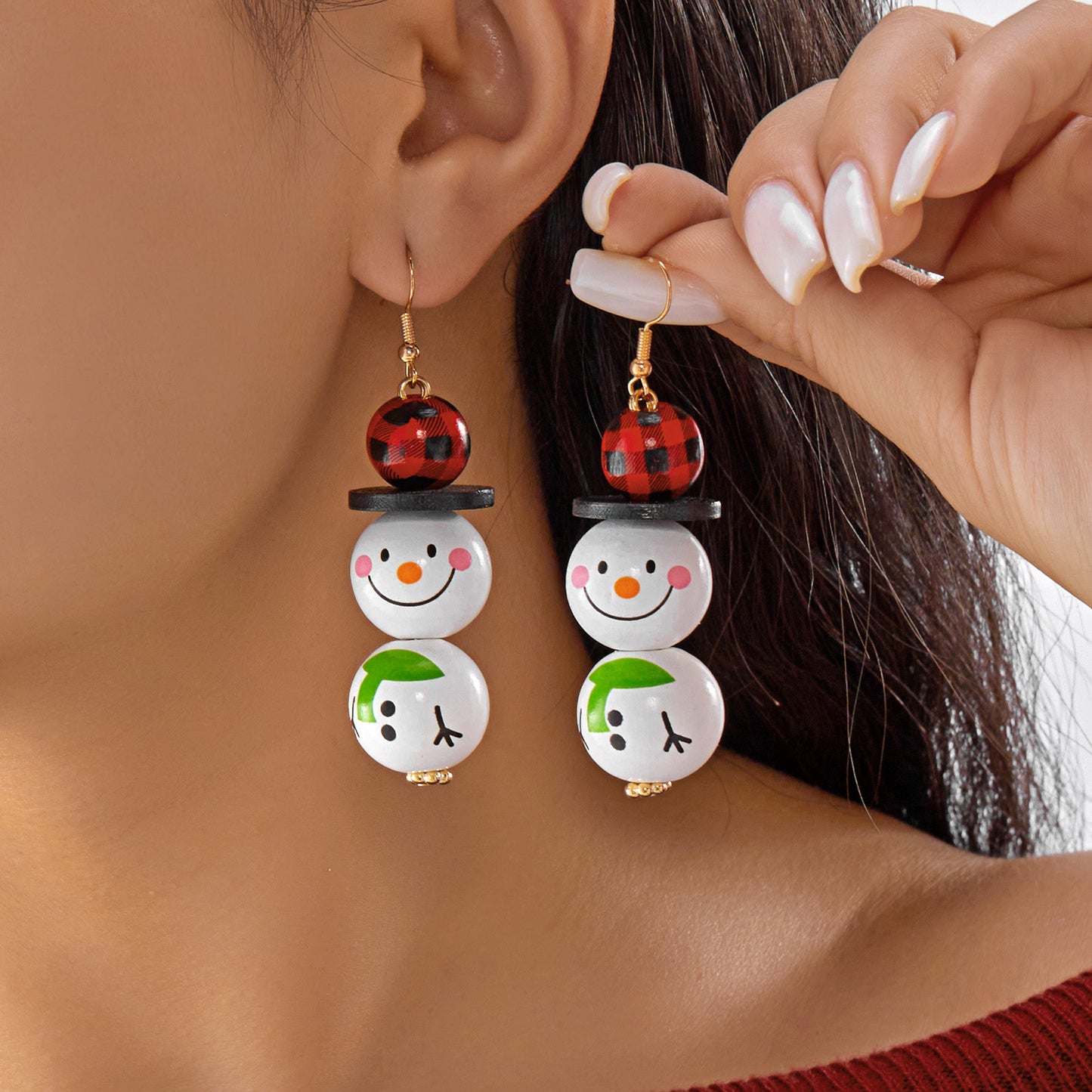 Orecchini a perno natalizi alla moda con pupazzo di neve e Babbo Natale per donna con design geometrico, base in ferro, finitura galvanica, perni in resina