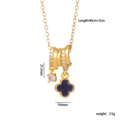Luxury Four-Leaf Clover Pendant Necklace for Women in Titanium Steel with Gold-Plated Copper and Cubic Zirconia, O-Chain Collar Necklace