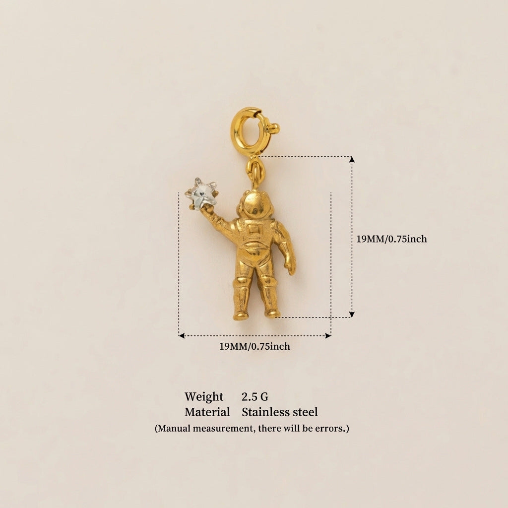 Vintage Gold Plated Stainless Steel Ceramic Moon Astronaut Charm Bar Necklace for Unisex