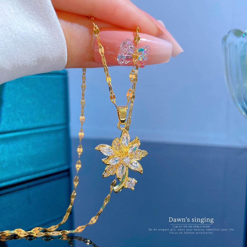 Luxury Titanium Steel Geometric Floral Pendant Necklace with Rhinestone Inlay for Women and Men