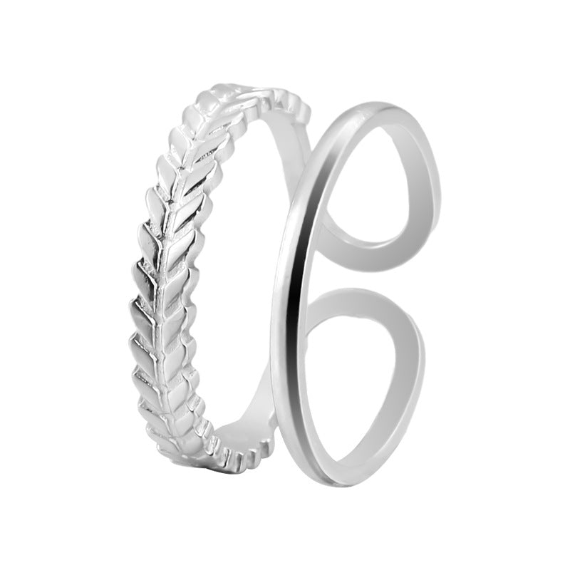 Anello aperto in acciaio inossidabile a forma di foglia minimalista da donna con finitura placcata