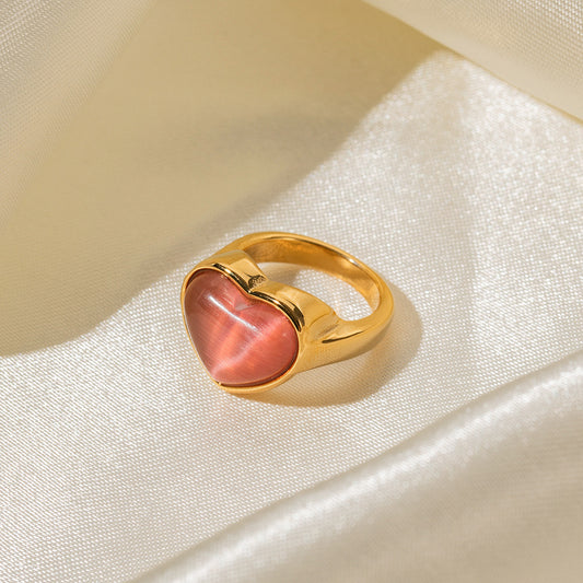 Anello da donna alla moda placcato oro 18 carati con cuore in acciaio inossidabile e occhio di gatto rosa