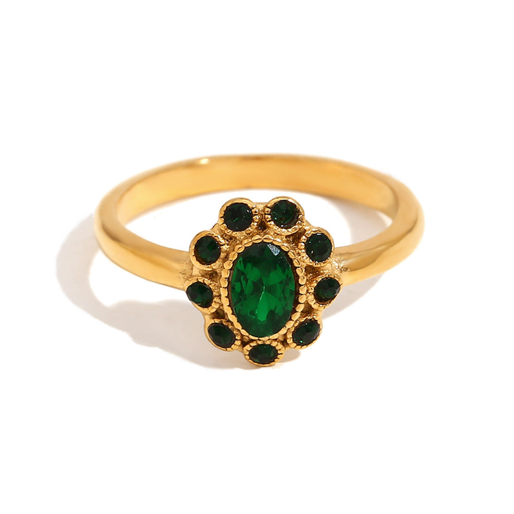 Fashionable Vintage-Inspired Geometric Stainless Steel Ring with 18K Gold Plating and Full Rhinestone Accents for Women