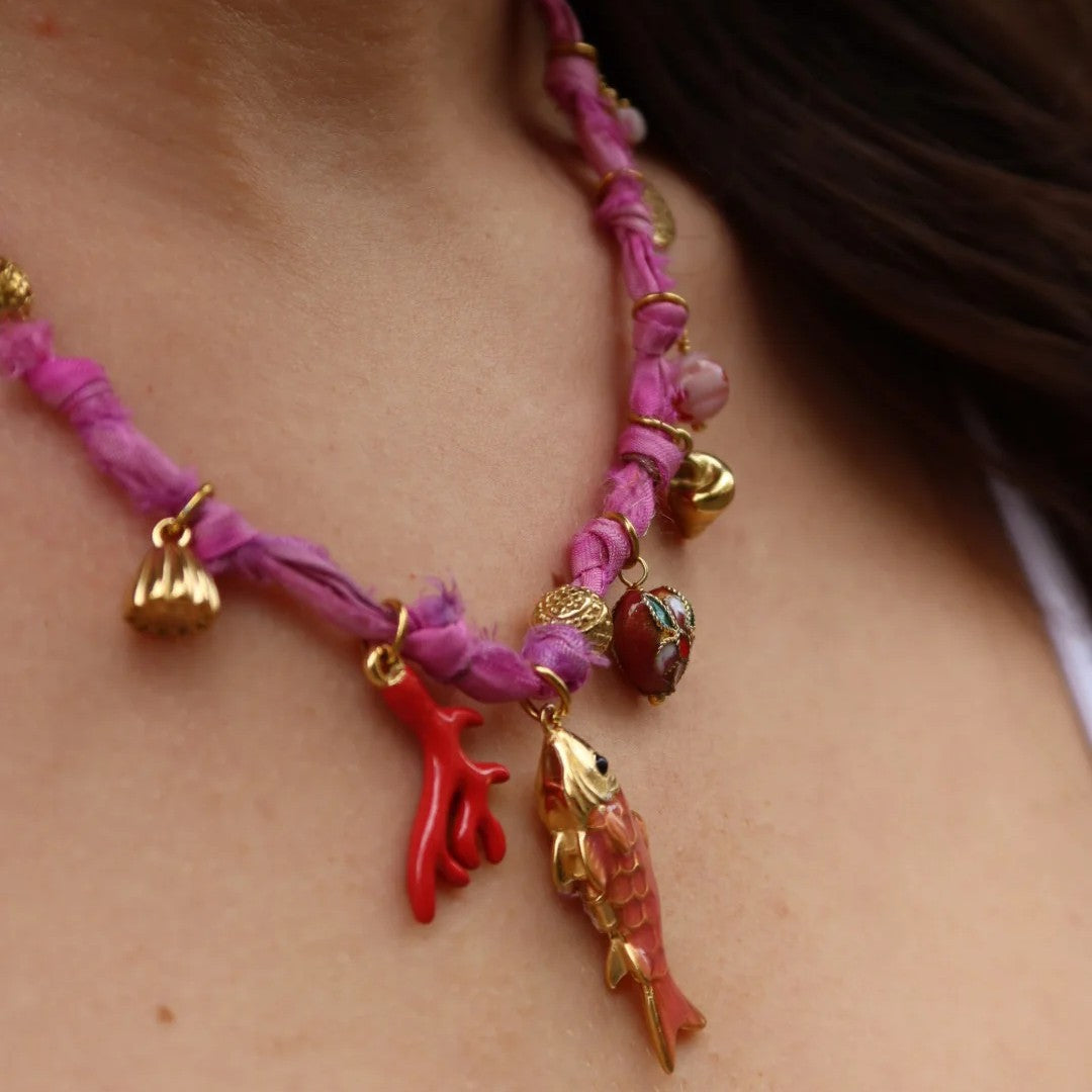 Fashion 18K Gold Plated Copper Heart Baroque Pearl Shell Coral Fish Pendant Necklace for Women