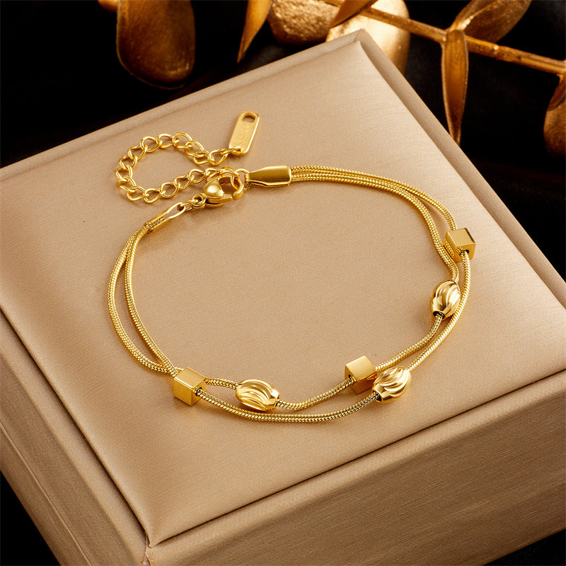 Elegant Minimalist Butterfly Pearl Floral Rhinestone-Embellished Gold-Plated Stainless Steel Bracelet for Women