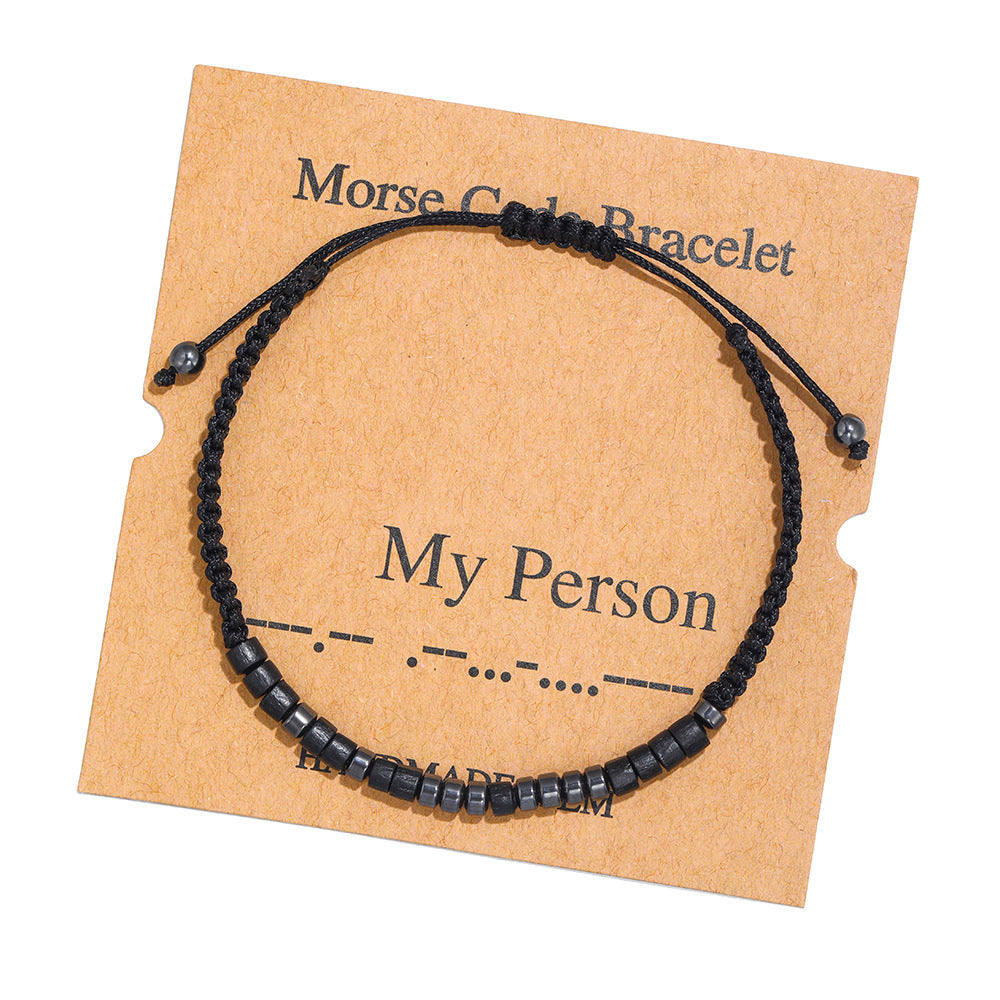 Geometric Morse Code Wood Bead Bracelet Unisex Handmade Braided Card