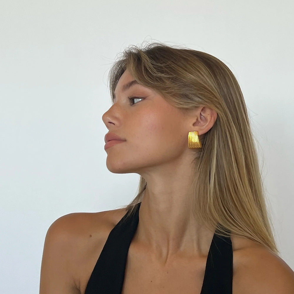 Minimalist 18K Gold Plated Stainless Steel Striped Trapezoid Earrings Geometric Line Design Women Jewelry