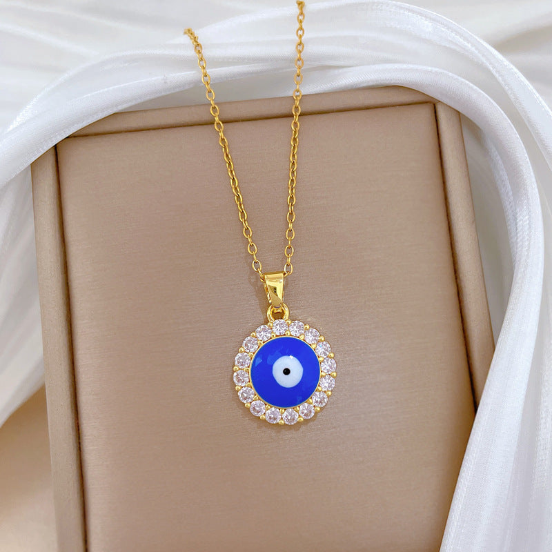 Sweet Round Rhinestone Evil Eye Pendant Necklace Titanium Steel Cable Chain for Unisex