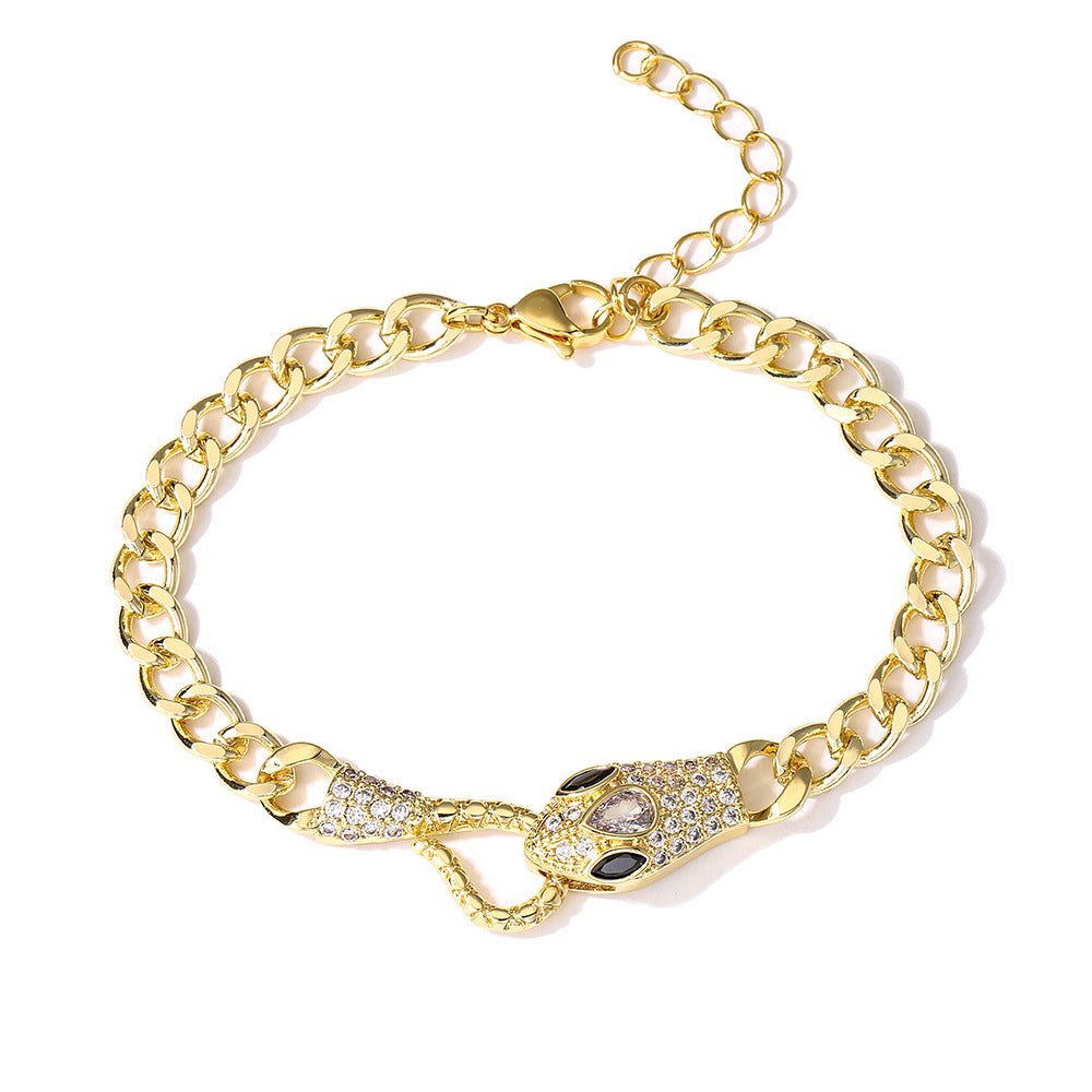 INS Style Geometric Snake Shape Copper Bracelet with 18K Gold Plating and Zircon for Women