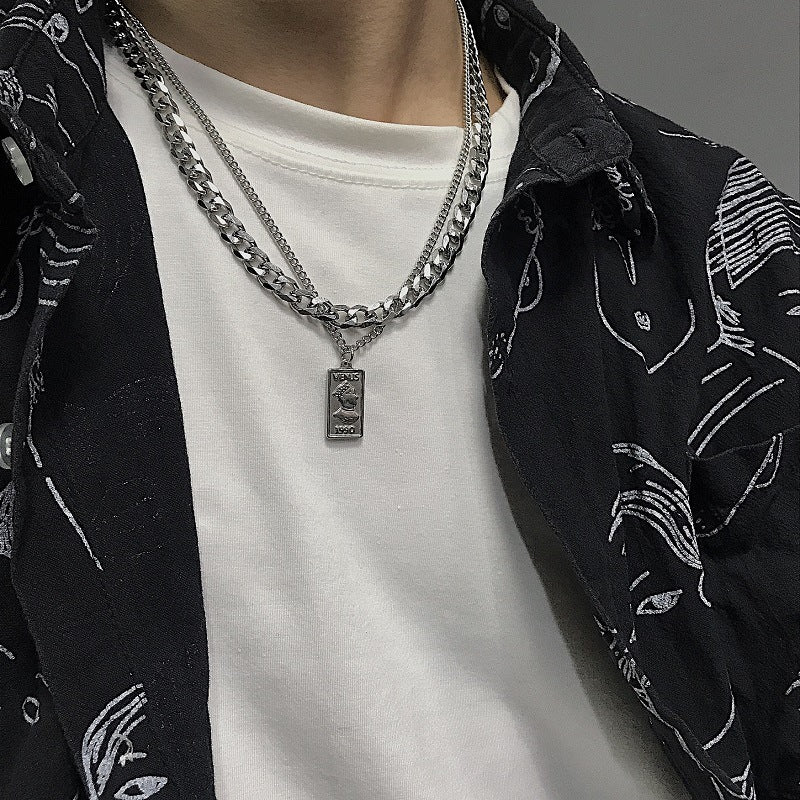 Collana da uomo e donna a doppia catena cubana geometrica minimalista in acciaio inossidabile con ciondolo in acciaio al titanio lucidato