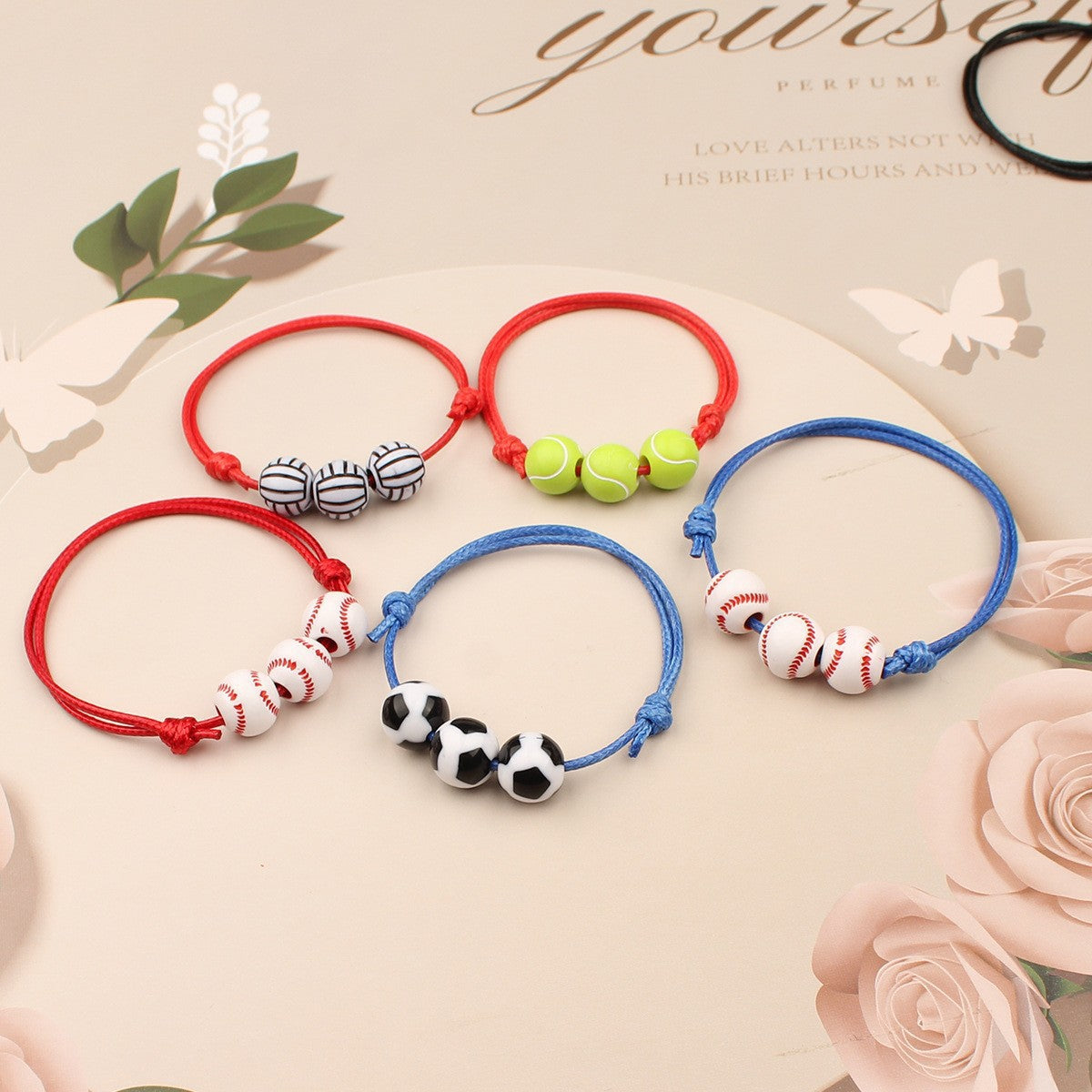 Sporty Geometric Acrylic Ball Beaded Bracelet Unisex Handmade Waxed Cord