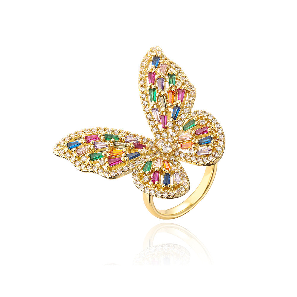 Elegant Luxury Butterfly-Shaped Ring for Women Made of Copper with Real Gold Plating and Micro-Pavé Colored Zirconia