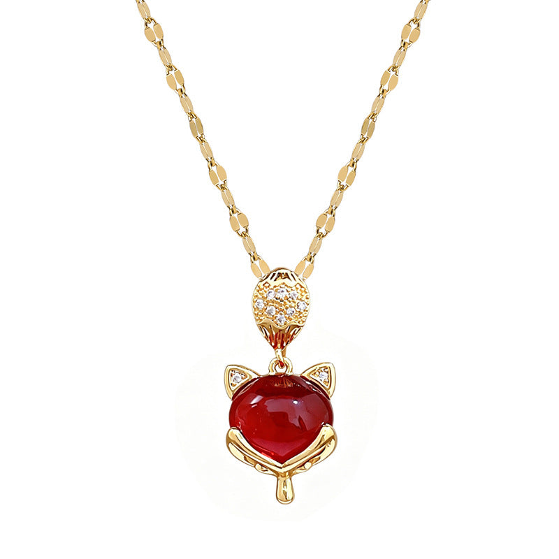 Sweet Red Gemstone Fox Pendant Full Rhinestone Titanium Steel Necklace Cable Chain