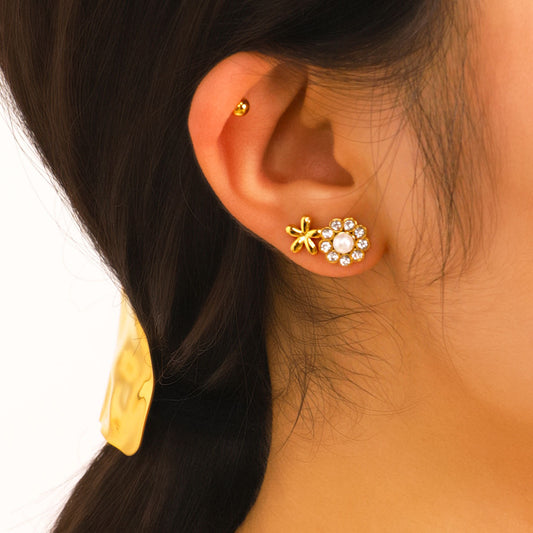 Pendientes de botón geométricos minimalistas de acero inoxidable chapados en oro con estrella y bola para mujer