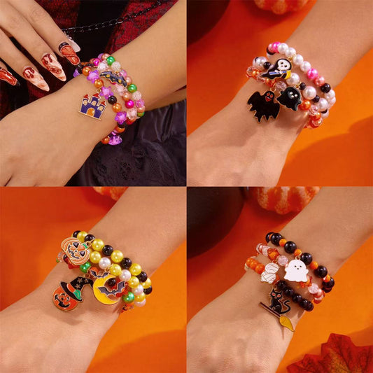 Bracciale con perline a tema Halloween con zucca e fantasma, per donna, con struttura in lega, finitura galvanizzata, design elasticizzato, accessorio moda casual