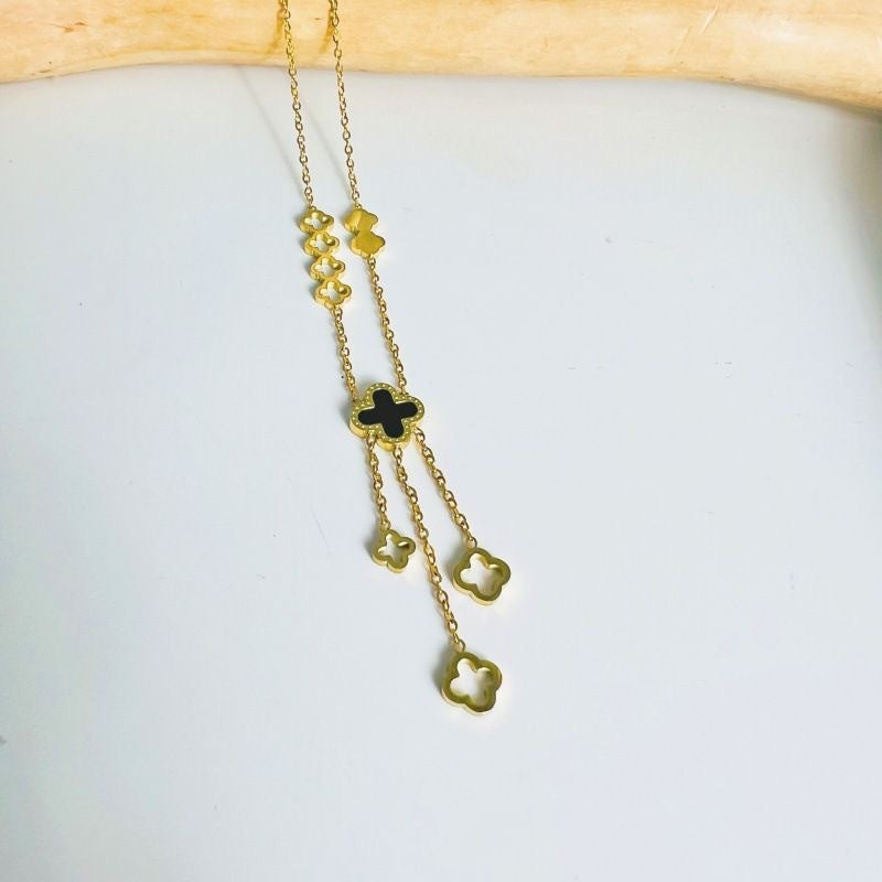 Hip-hop Titanium Steel Hollow Leaf Pendant Necklace with Tassel for Unisex