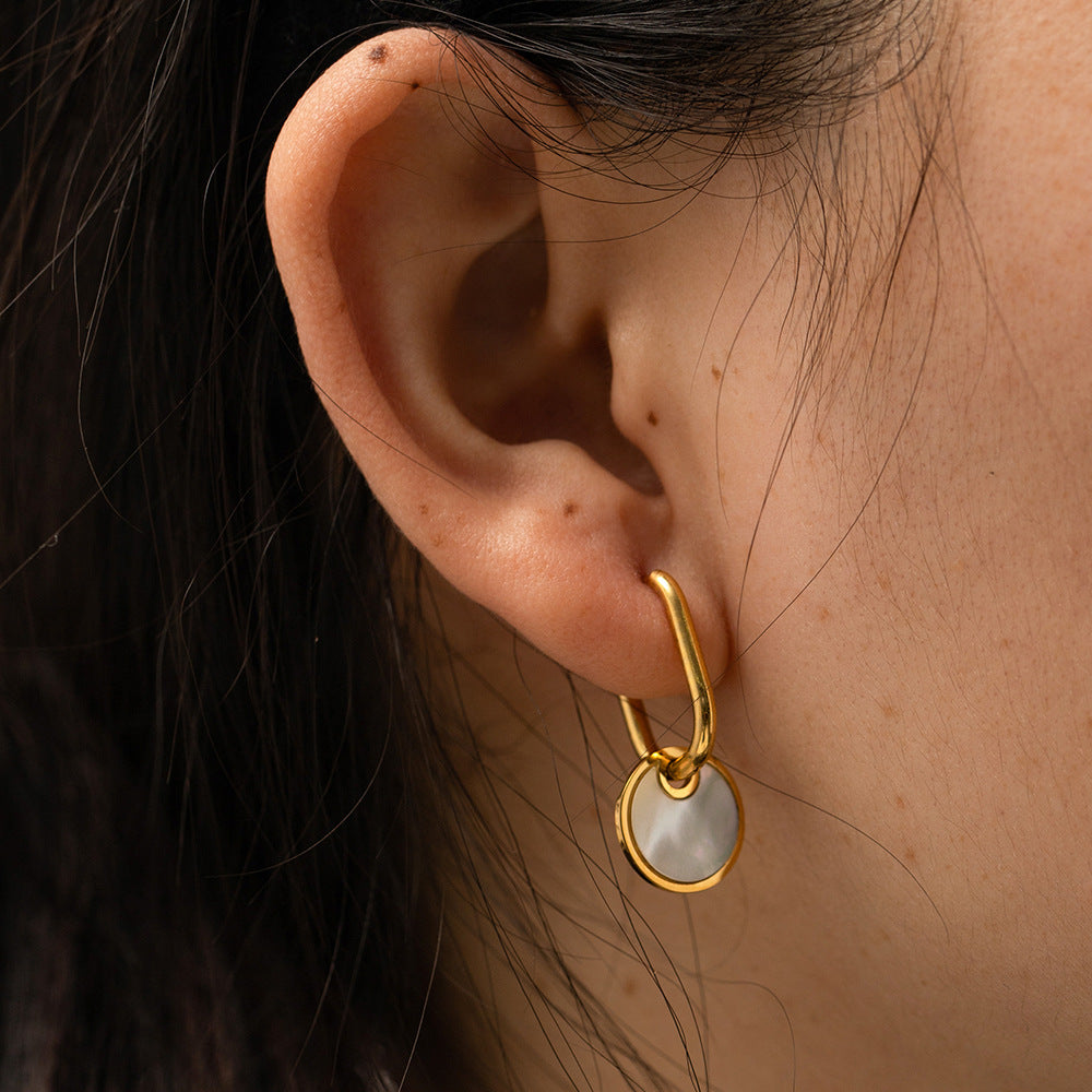 Minimalist Geometric Titanium Steel Earrings with 18K White Mother-of-Pearl Round Pendants Electroplated Finish