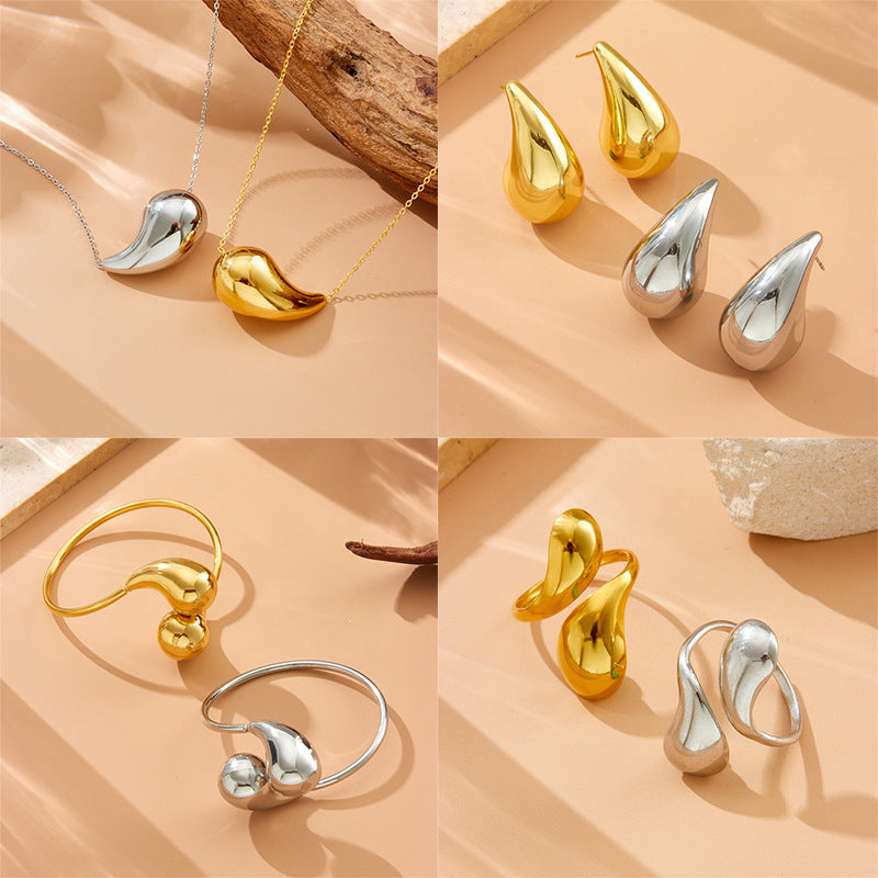 Minimalist Polished Teardrop Stainless Steel Cuff Bracelet Set for Women