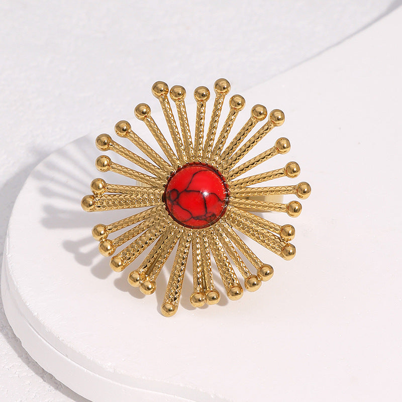 Anello aperto da donna minimalista placcato oro 18 carati in acciaio inossidabile con motivo floreale a dente di leone