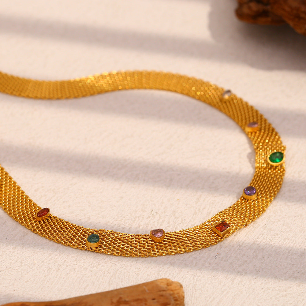 Fashionable Geometric Stainless Steel Plated 18K Gold Necklace with Colorful Zircon Pendant for Women