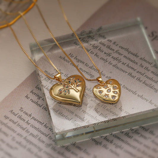 Minimalist Heart-Shaped Tree of Life Pendant Necklace for Women with Gold-Plated Copper and Zircon Inlay