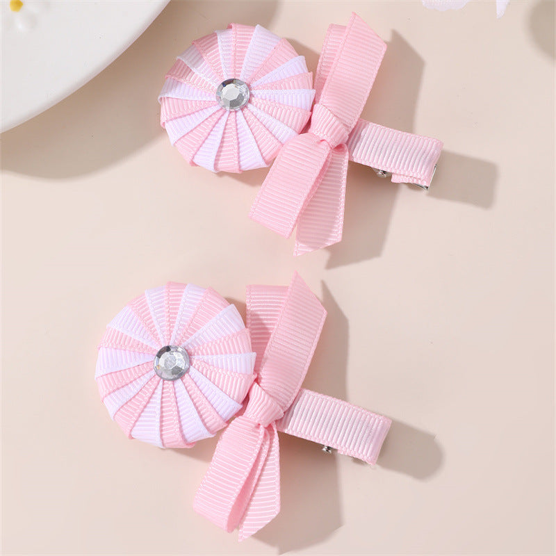Cute Pink Candy-Themed Hair Clip for Girls with Bow Shape Fabric Construction and Ruffled Mesh Detail