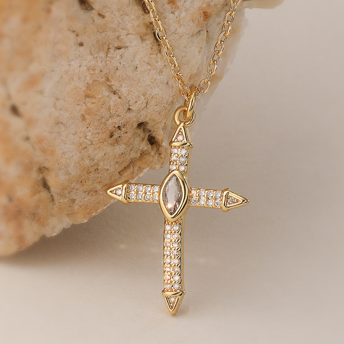 Minimalist Elegant 18K Gold Plated Brass Cross Pendant Necklace with Cubic Zirconia for Women