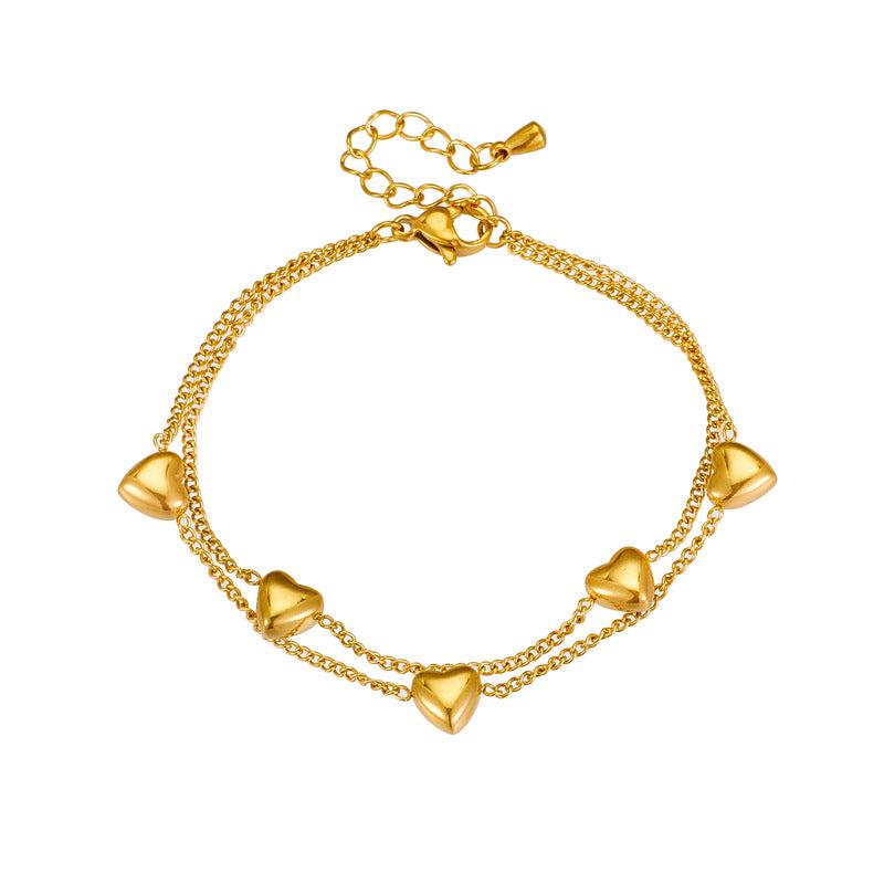 Minimalist Fashionable Double-Layer Snake Chain Heart-Shaped Titanium Steel Bracelet for Women with Plated Finish