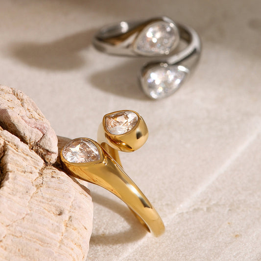 Minimalist 18K Gold Plated Asymmetric Teardrop Open Stainless Steel Ring with Cubic Zirconia