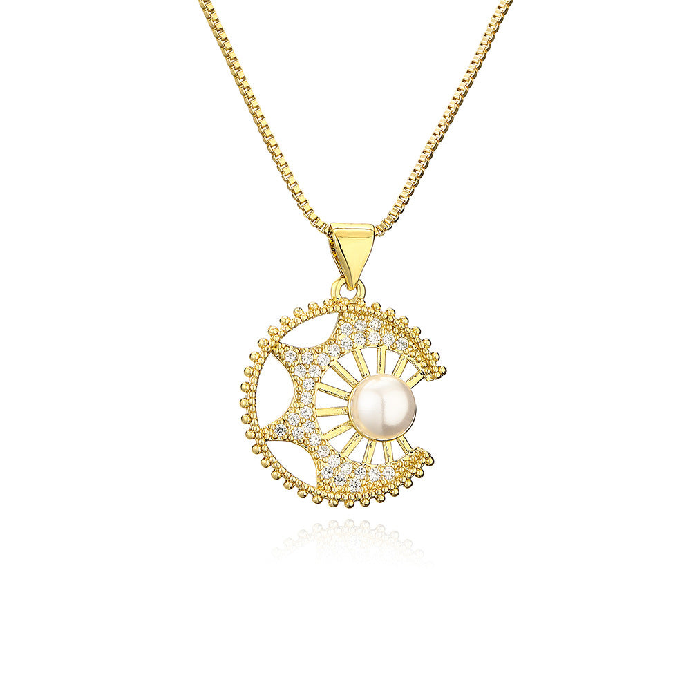 Minimalist Geometric Star Pendant Necklace in Copper with Zircon and Pearl Accents for Women