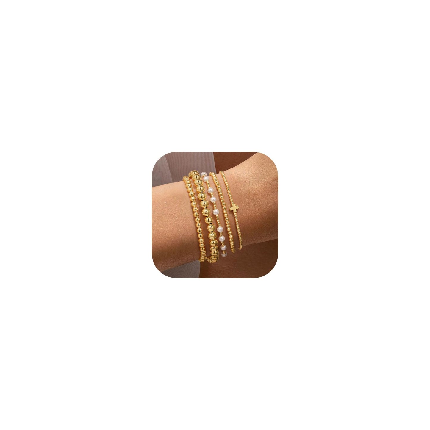 Minimalist 14K Gold Plated Hematite Round Bead Cross Charm Bar Bracelet Set