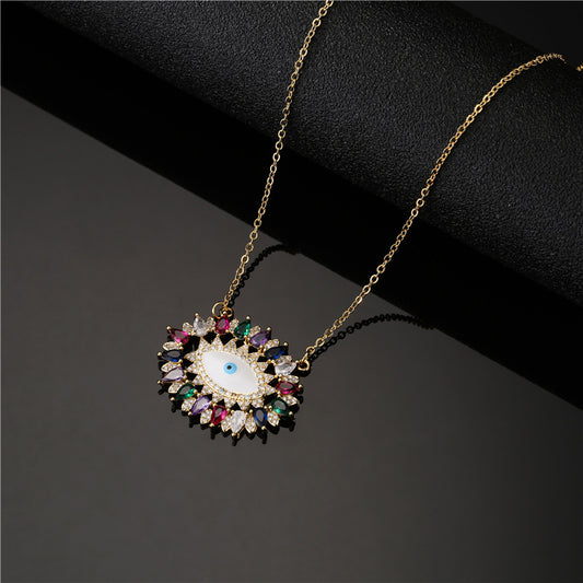 Minimalist Vintage Geometric Brass Micro-Inlaid Cubic Zirconia Evil Eye Pendant Necklace with Cable Chain