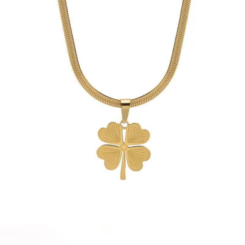 Collar con colgante de trébol de cuatro hojas minimalista para mujer en acero titanio con acabado láser y superficie chapada