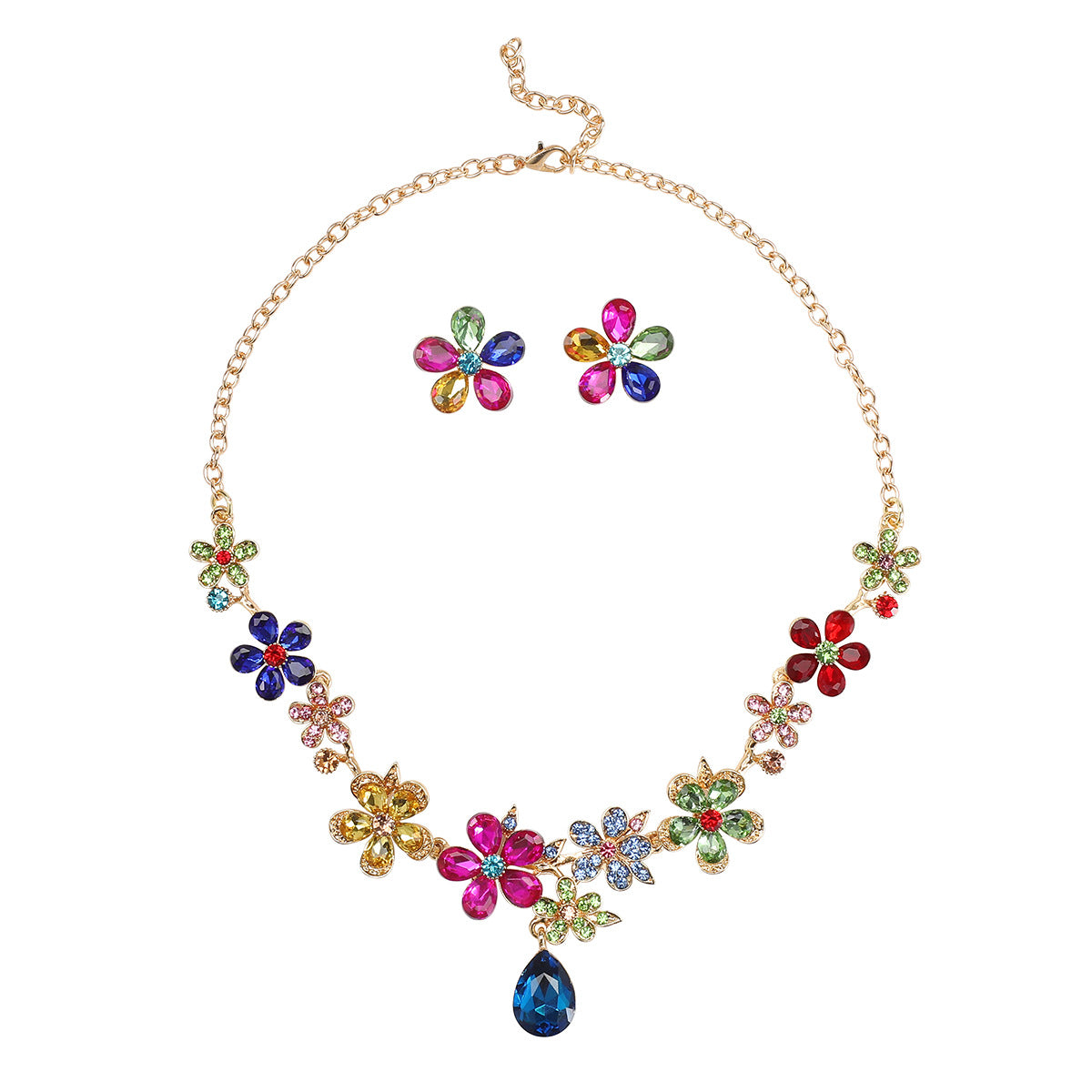 Set collana e orecchini in lega vintage con goccia floreale, con strass e pendente in acrilico