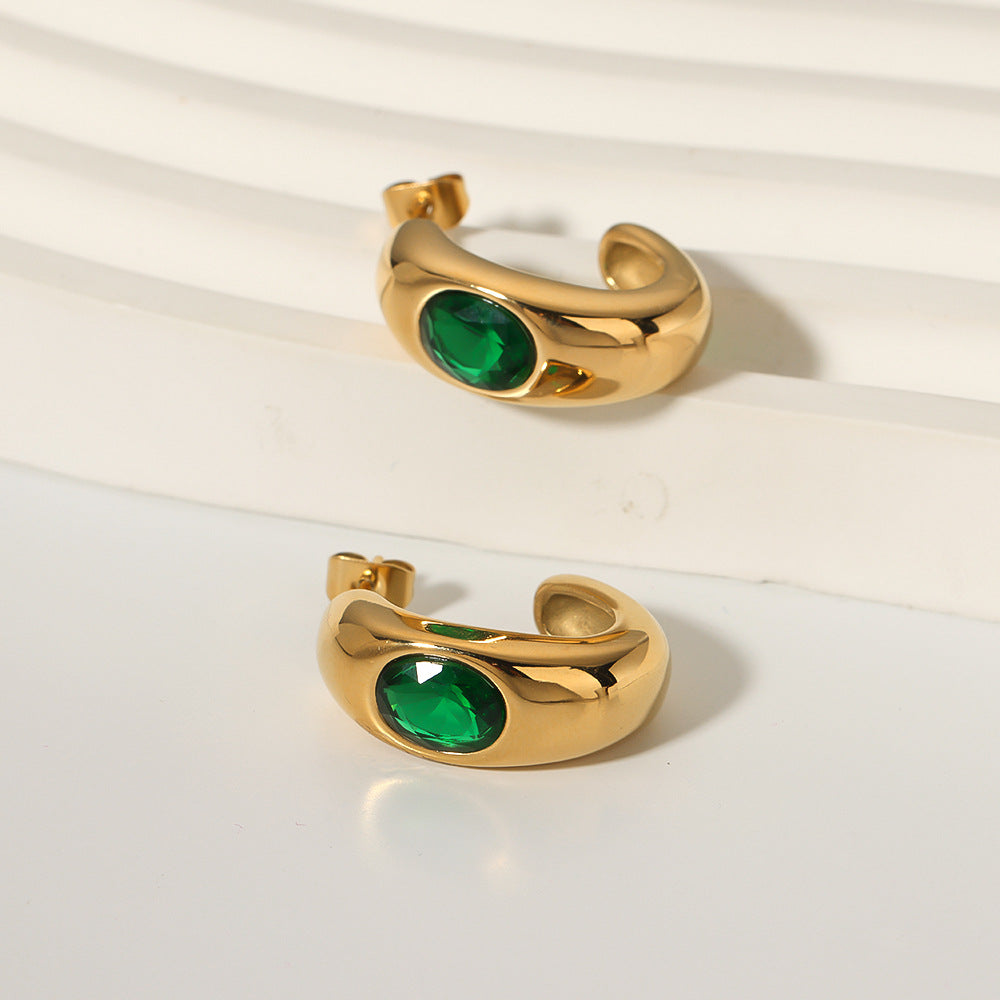 Minimalist Geometric C-Shaped Stainless Steel Earrings with 18K Gold Plating and Green Round Zircon Inlay for Women