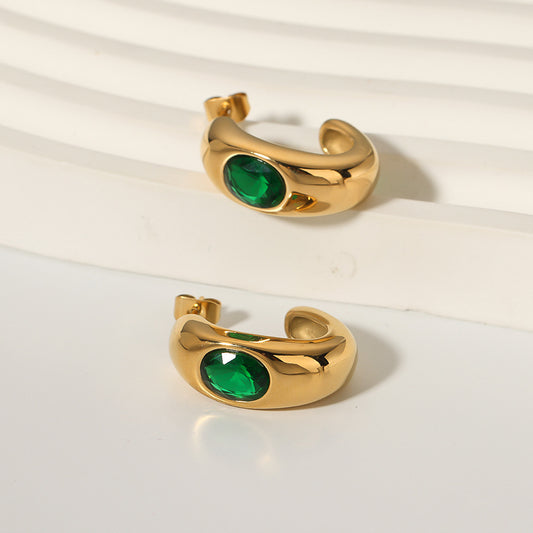 Pendientes minimalistas de acero inoxidable con forma de C geométrica, chapados en oro de 18 quilates e incrustaciones de circonita verde redonda para mujer