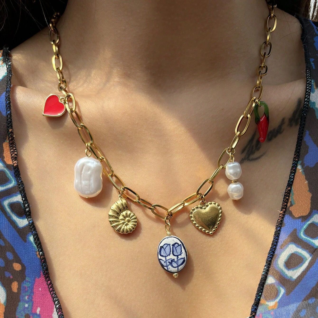 Plated Stainless Steel Heart Geometric Floral Pendant Corn Chain Necklace for Unisex DIY Charm Bar
