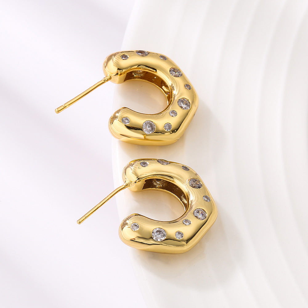 Orecchini a perno geometrici irregolari da donna in rame con micro-incastonatura, gioielli minimalisti e alla moda per tutti i giorni