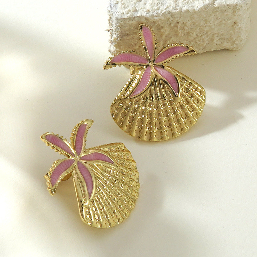 Sweet Drip Oil Stainless Steel Starfish Shell Earrings