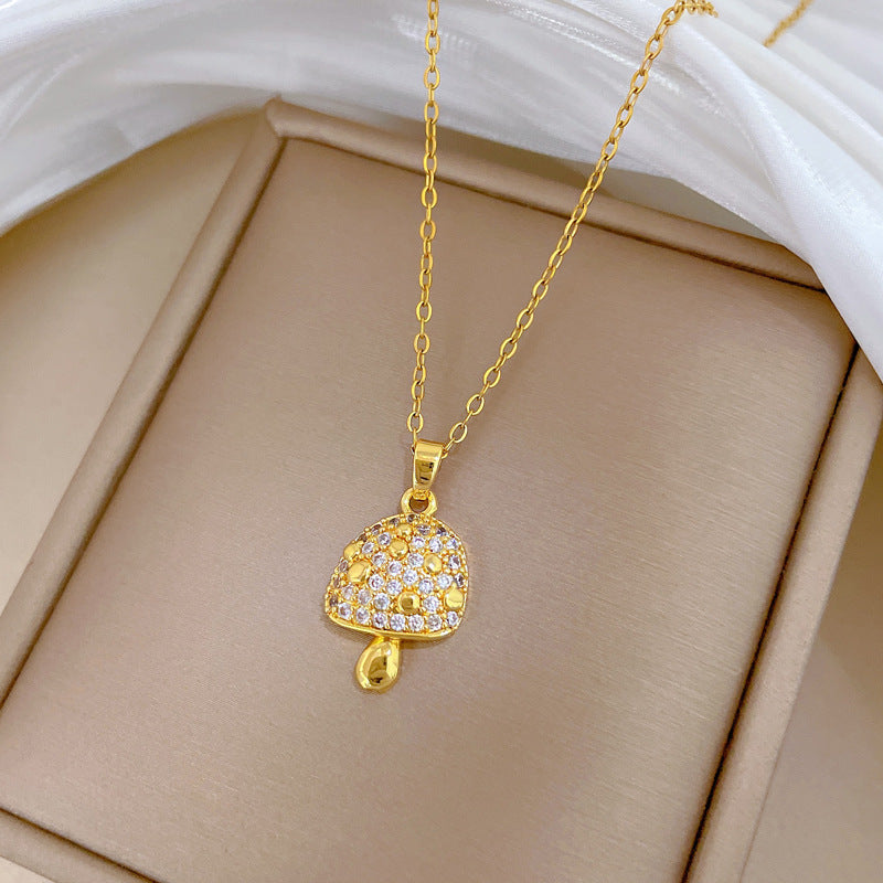 Sweet Luxury Geometric Rhinestone Mushroom Pendant Titanium Steel Necklace for Unisex