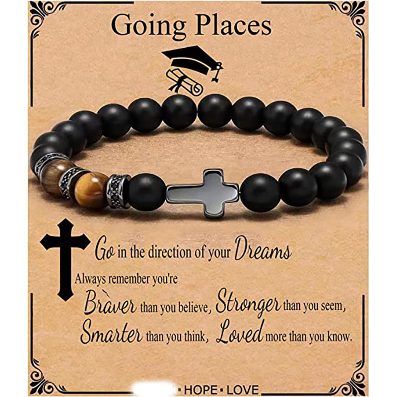 Minimalist Matte Black Beaded Bracelet with Small Cross Pendant Unisex Gift