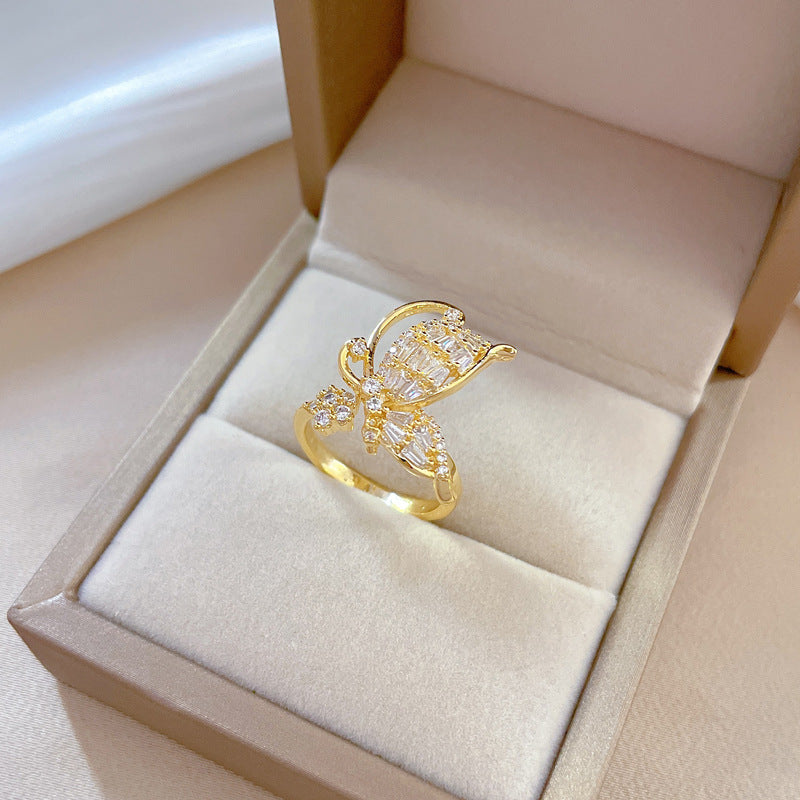 Butterfly Bowknot Rhinestone Adjustable Ring in Brass with Plated Finish for Women Minimalist Japanese Style Fashion Jewelry