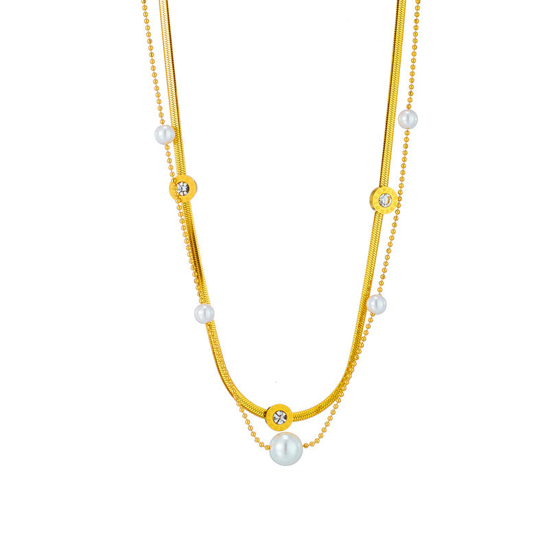 Collar de mujer estilo vintage con colgante redondo de doble capa con perlas y números romanos, detalles de diamantes de imitación, en acero de titanio y cadena de serpiente