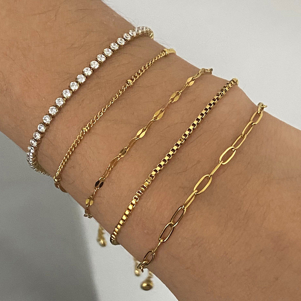 Bracciale geometrico in acciaio inossidabile con strass e finitura placcata da donna, gioiello alla moda con catena in metallo minimalista