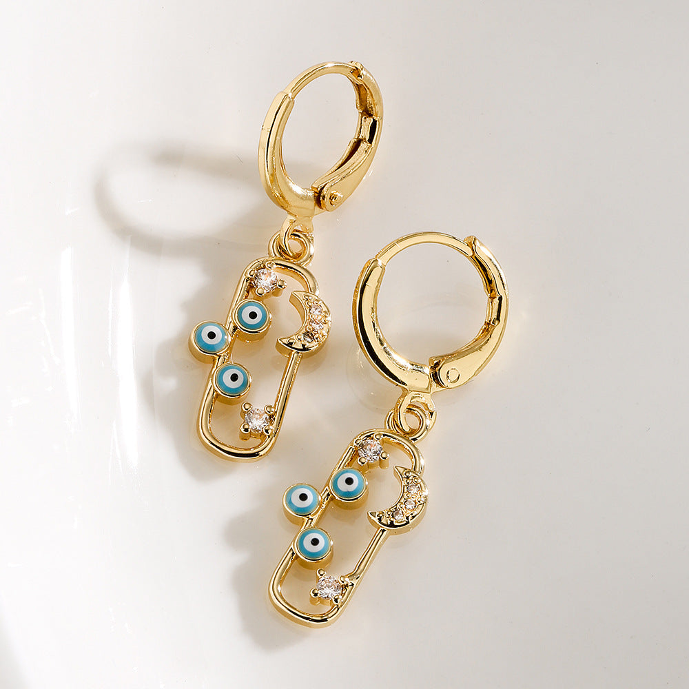 Geometric Star Moon Eye Earrings in Copper with Real Gold Plating and Zircon Inlay
