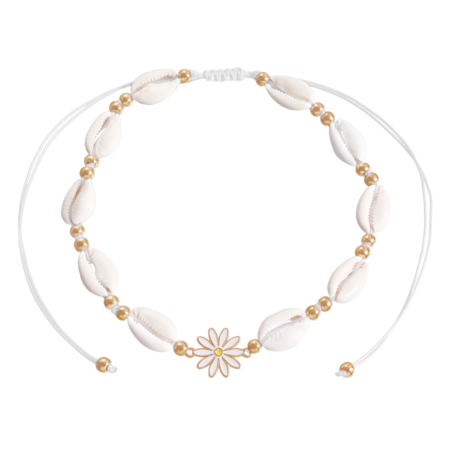 Collar con colgante de margarita bohemia con dije de concha en cordón ajustable para mujer